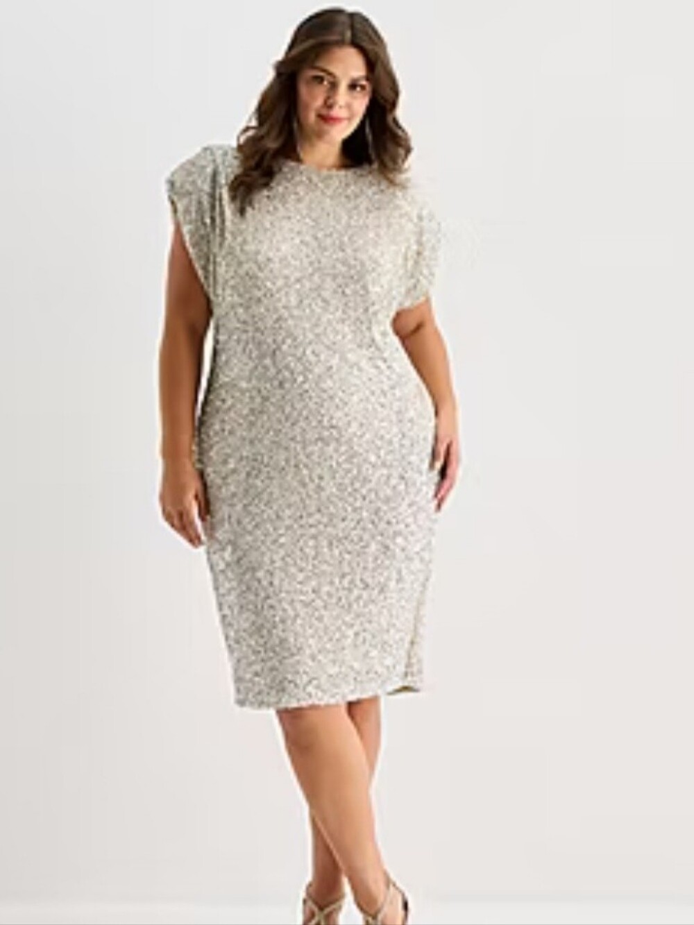 Premier Amour Womens Plus Silver Sequin Midi Dress with Cap Sleeves